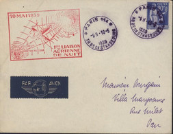 Cachet 10 MAI 1939 1ère Liaison Aérienne De Nuit CAD Paris 114 10 5 39 38 Bd De Strasbourg Par Avion - 1960-.... Brieven & Documenten