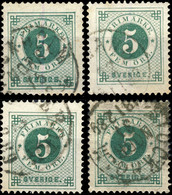 SUÈDE / SWEDEN / SVERIGE - 1886/9 - 4x Mi.32 / Facit 43 5ö Green (with Posthorn) - Gebraucht