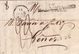 23546# LETTRE Obl 12 MARSEILLE 1828 BOUCHES DU RHONE Pour GENES GENOVA Via NIZZA MARITT. C.F.2.R. COURRIER FRANCAIS - Entry Postmarks