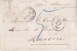 23547# ENVELOPPE TROUVE EN CET ETAT FACTEUR Obl ST ANDRE DE L' EURE 1866 HANOVRE TAXE 5 Sgr. AACHEN AIX LA CHAPELLE - Entry Postmarks