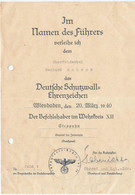 Verleihungsurkunde Schutzwallehrenzeichen Autograph Oberst Habenicht 1940, Aktenlochung - Documenti Storici