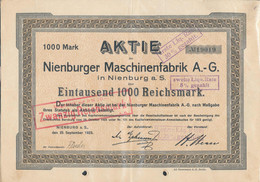 3 Stck. Aktie 1000 Mark Nienburger Maschinenfabrik AG 25. September 1923, Aktenlochung, Keine Reichsbankentwertung! - Altri & Non Classificati