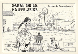 Rare Cpm Canal De La Haute-seine Ecluse De Bourguignons Dessin De Charles Berg Tirage Limité à 100 Exemplaires - Other Municipalities