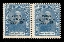 OCCUPAZIONI I GUERRA MONDIALE - Fiume - 1920 - 25 Cent Su 25 Valore Globale (103aa - Celeste Latteo) - Coppia Orizzontal - Altri & Non Classificati