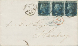 GB 1860 QV TWO PENCE Blue Pl.8 (3x, MA, SD, SE) Extremely Rare Multiple Postage - Lettres & Documents