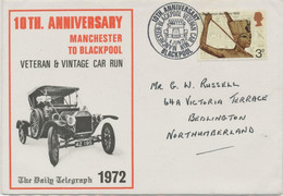 GB SPECIAL EVENT POSTMARKS 10th ANNIVERSARY MANCHESTER TO BLACKPOOL VETERAN & VINTAGE CAR RUN BLACKPOOL, 4.6.1972 - Storia Postale
