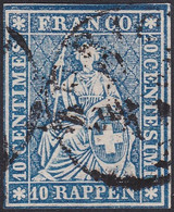 SUISSE, 1854-62, Helvetia, Papier Moyen, Fil Vert, Bien Centré(Yvert 27b) - Used Stamps