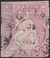 SUISSE, 1854-62, Helvetia, Papier Mince, Fil Vert, Bien Centré (Yvert 28c) - Usati