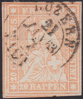 SUISSE, 1854-62, Helvetia, Papier Moyen, Fil Vert, Bien Centré (Yvert 29a) - Usati