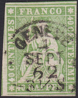 SUISSE, 1854-62, Helvetia, Papier épais, Fil Vert (Yvert 30) - Used Stamps