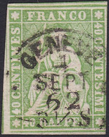 SUISSE, 1854-62, Helvetia, Papier épais, Fil Vert (Yvert 30) - Gebraucht