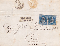 23562# EMPIRE DENTELE LETTRE De NIZZA NICE ALPES MARITIMES Obl FRANCIA VIA DI MARE Pour GENOVA GENES 1863 - Marques D'entrées