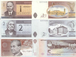 ESTONIA 1 2 5 Krooni 1992 - 2007 P 69 76 85 UNC Set Of 3 Banknotes - Estonia