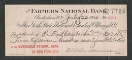 US 1905 First National Farmers Bank Cheque Newyork Value Of $ 2771 - Collectable Rare !!! - Zonder Classificatie