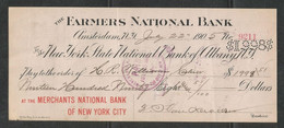 US 1905 First National Farmers Bank Cheque Newyork Value Of $ 1998 - Collectable Rare !!! - Zonder Classificatie