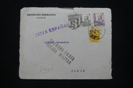 ESPAGNE - Devant D'enveloppe De Cadiz En 1937 Pour Paris Avec Cachet De Censure Militaire - L 93884 - Marques De Censures Nationalistes