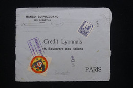 ESPAGNE - Devant D'enveloppe De San Sebastian En 1937 Pour Paris Avec Cachet De Censure Militaire Et Vignette - L 93885 - Marcas De Censura Nacional