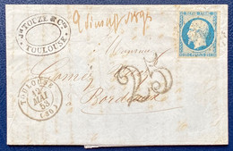 France Lettre Republique 1853 N°10 25c Bleu Obl Du PC 3383 De Toulouse  Bordeaux + Taxe 25c Tampon TTB - 1852 Louis-Napoléon