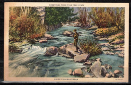 28a * INTERRESSANTE KARTE * AQUARELL VON MAINE FISHING STREAM * GREETINGS FROM PINE TREE STATE * 1937 **!! - Portland