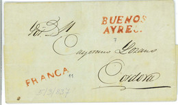 BK1765 - ARGENTINA - POSTAL HISTORY - PREPHILATELIC  Cover: BA To CORDOBA  1837 - Prefilatelia