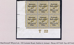 Ireland 1922 Thom Rialtas Blue-black Ovpt 1s Bistre-brown Control T22 Imperf Corner Block Of 6 Plate 8 Mint Ex Field - Nuevos