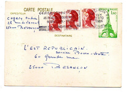 Entier CP  Tour Eiffel Avec Complément Liberté 3 X 0.10--1986-cachet  Flamme Temporaire   BESANCON R.P - 25 ...à Saisir - Standaardpostkaarten En TSC (Voor 1995)