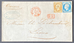 Lettre Du Havre N°13 & 14 Obl PC 1495 + Port Payé Rouge Pour Lima Au Pérou Tres Bel Aspect - 1853-1860 Napoleon III