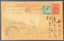 SINGAPOUR (STRAITS SETTLEMENTS) Entier Carte 3c Rouge Avec Complément 1c Obl Dateur Singapore Pour Cholon Saigon RR - Straits Settlements