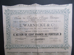 CHINON, 37 - Action De 100 Francs, 1907 - Distribution D'Energie Electrique L. WARNECKE & Cie - Elettricità & Gas