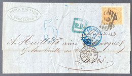 Espagne Lettre 1869 N°88a 12c Orange Obl GC 2 De Barcelone Pour Paris + Entrée Espagne/perthus + PD + Taxe 5c Bleue TTB - Cartas & Documentos