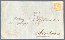 Espagne Lettre 1867 N°88a 12c Orange Obl Roue De Charette 41 + Entrée Esp St Jean De Luz/Amb.A PD + Taxe 5c  Bordeaux - Brieven En Documenten