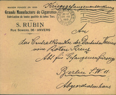 1915, POW Letter From ANTWERPEN To Red Cross In Berlin. Sender Grande Manufacture De Cigarettes - Kriegsgefangenschaft