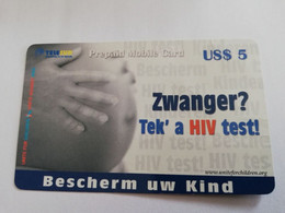 SURINAME US $5  UNIT GSM  PREPAID  ZWANGER HIV TEST     MOBILE CARD           **5132 ** - Suriname