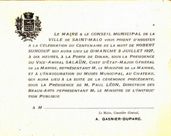 1927 Invitation Célébration Du Centenaire De La Mort De Robert Surcouf 35 Saint-Malo - Other