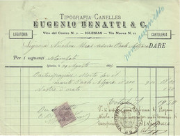 FATTURA TIPOGRAFIA CANELLES EUGENIO BENATTI IGLESIAS MARCA FISCALE 1896 SARDEGNA - Italy