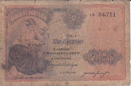 BILLETE DE PORTUGAL DE 1 ESCUDO  DEL AÑO 1917 DIFERENTES FIRMAS (BANKNOTE) - Portugal