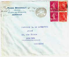 BORDEAUX BOURSE Lettre Entête Assureur Bougault 20c Semeuse 30c Mercure Yv 139 412 Ob 27 5 1940 - Covers & Documents