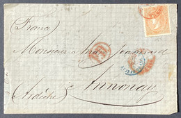 Espagne Lettre 1869 N°88a Doce Cuartos Orange Obl Dateur Rouge Ambulant "Norte AMB .DESC  Annonay Pas Courant Ainsi ! - Brieven En Documenten