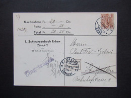 1946 Nachnahme PK L. Schwarzenbach Erben Zürich 2 Nach St. Gallen Schwarzer L1 Eingetragen U. Aufkleber Nicht Eingelöst - Covers & Documents