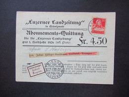 Schweiz 1926 Luzerner Landzeitung Abonnements Quittung Aufkleber Annahme Verweigert Refuse Respinto - Cartas & Documentos