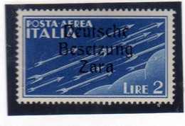 ZARA OCCUPAZIONE TEDESCA GERMAN OCCUPATION 1943 POSTA AEREA AIR MAIL VARIETÀ VARIETY LIRE 2 MNH FIRMATO SIGNED - German Occ.: Zara