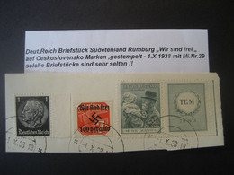 Deutschland Auslandspostämter Sudetenland Rumburg 1938- Briefstück Mit Ceskoslovensko Marke MiNr. 29 "frei" Ohne I-Punkt - Sudetes