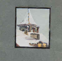 Clocher Sous La Neige, Petite Gouache Signée G.N.B. ? - Estampas