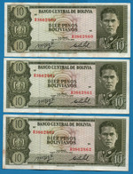 BOLIVIA 3 X 10 Pesos Bolivianos  	  L. 13.07.1962  # R3862860 + 61 + 62  P# 154 Colonel Germán Busch - Bolivia