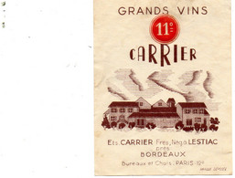 Etiquette De Vin Bordeaux Carrier Négociant à Lestiac. (Années 50) - Bordeaux