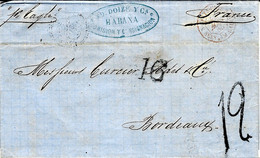 1865- Lettre De La Havane  " Par L'Eagle" Voie Anglaise Taxe 16 C.- Tampon Pour N Y  , Puis Taxe 12 Pour La France - Prefilatelia