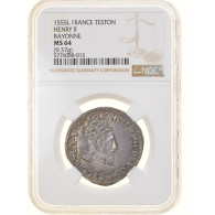 Monnaie, France, Henri II, Teston, 1555, Bayonne, NGC, MS64, SPL+, Argent - 1547-1559 Henry II