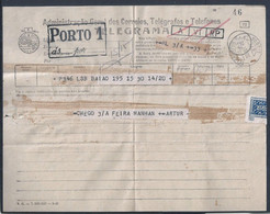 Telegrama Com Marca De 'Porto 1' E Obliteração Telégrafos, Lisboa Em 1948. Telegram With 'Porto 1' Mark And Telegraphs - Storia Postale