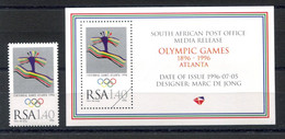 RC 20874 AFRIQUE DU SUD N° 912 SPORT JEUX OLYMPIQUES D'  ATLANTA TIMBRE + BLOC NON DENTELÉ NEUF ** MNH - Nuovi