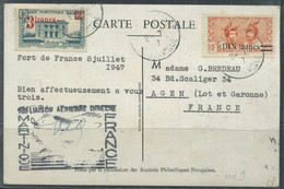 MARTINIQUE - N° 222 + 224 / CP REPIQUÉE AVION DE FORT DE FRANCE LE 8/7/1947 POURFRANCE ( MULLER N° 8 ) TB - Lettres & Documents